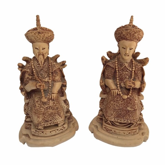 Vintage ASIAN ROYALTY Carved FIGURINES ETCHED SITTING ON SERPENT THRONES 9 1/4” - Picture 1 of 15